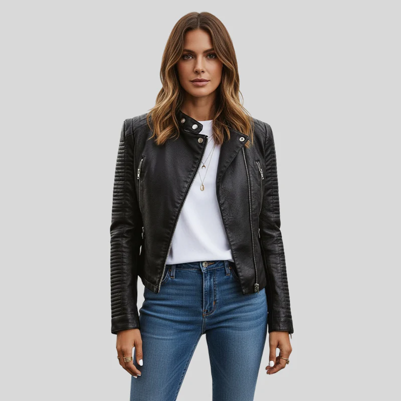 Bikerjas dames | Zwarte leren look jas met rits en opstaande kraag - Image 4