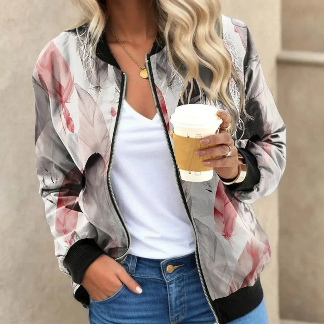 Bomberjack dames | Casual jas met botanische print en ritssluiting - Image 3