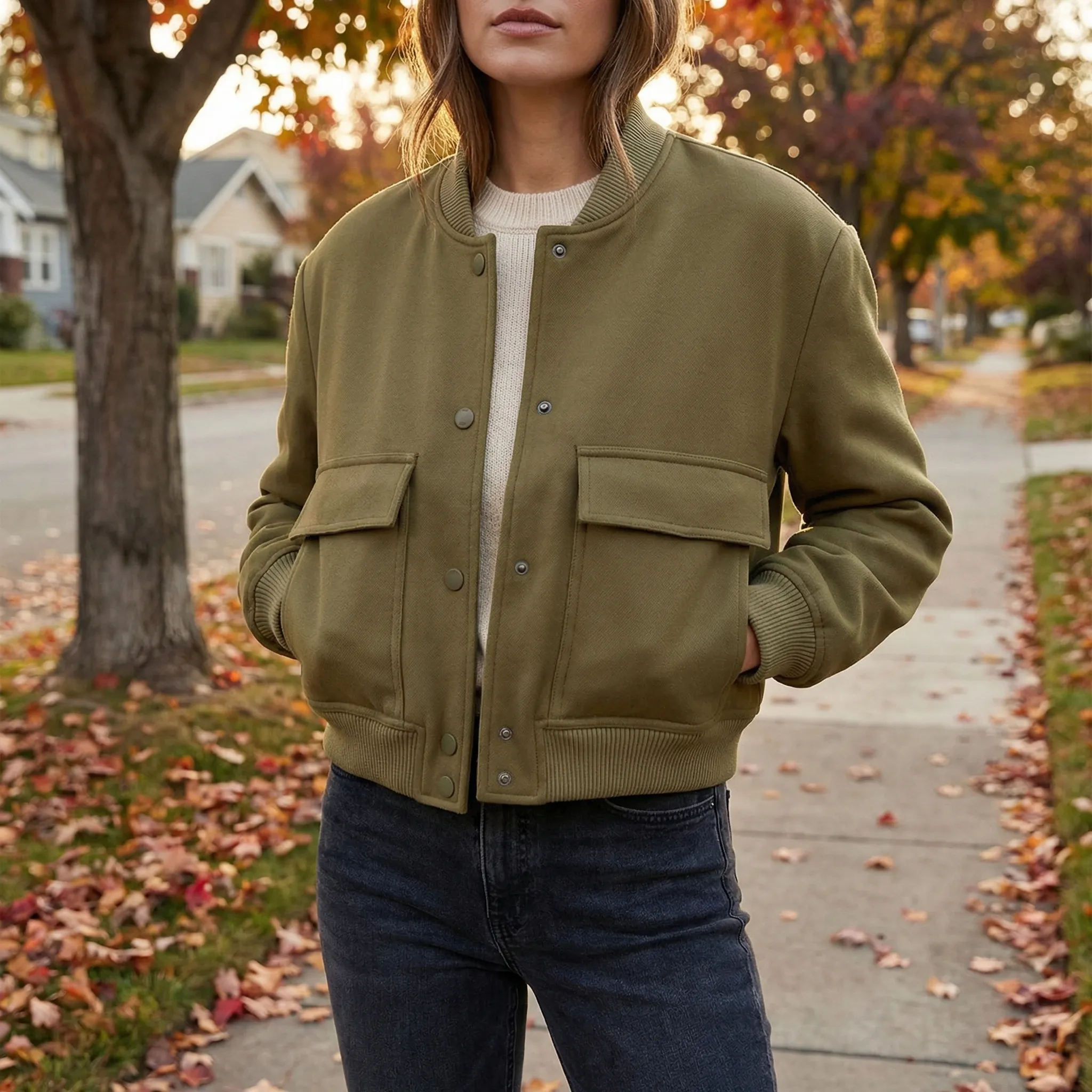 Bomberjack dames | Cropped varsity jasje met drukknopen