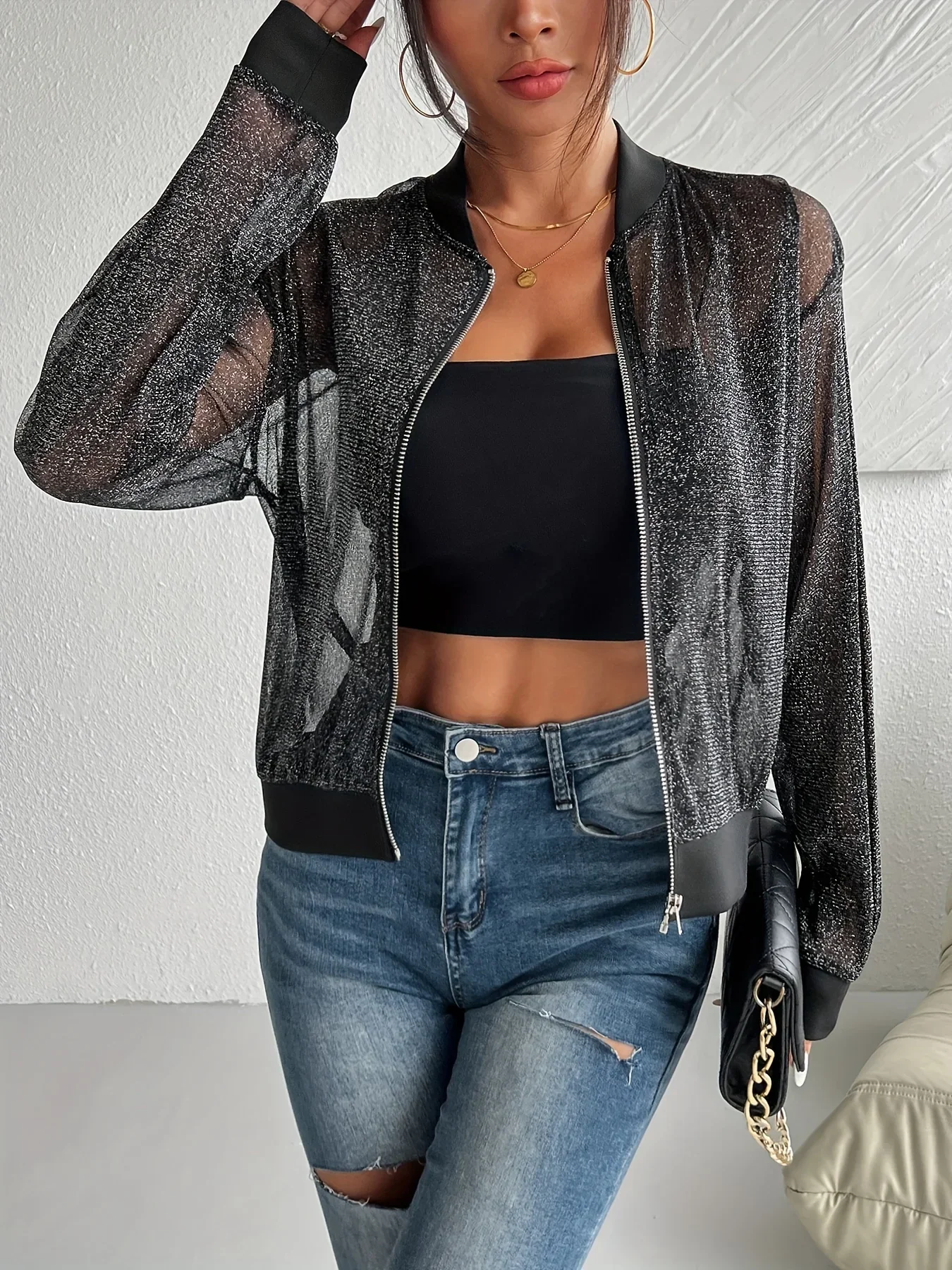 Dames bomberjack | Zwart mesh jas met glitter en rits - Image 4