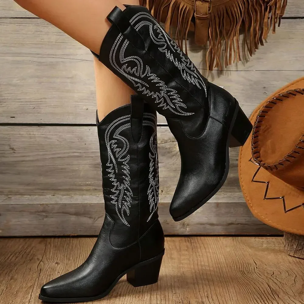 Dames cowboylaarzen | Zwarte laarzen met blokhak en borduursel - Image 4