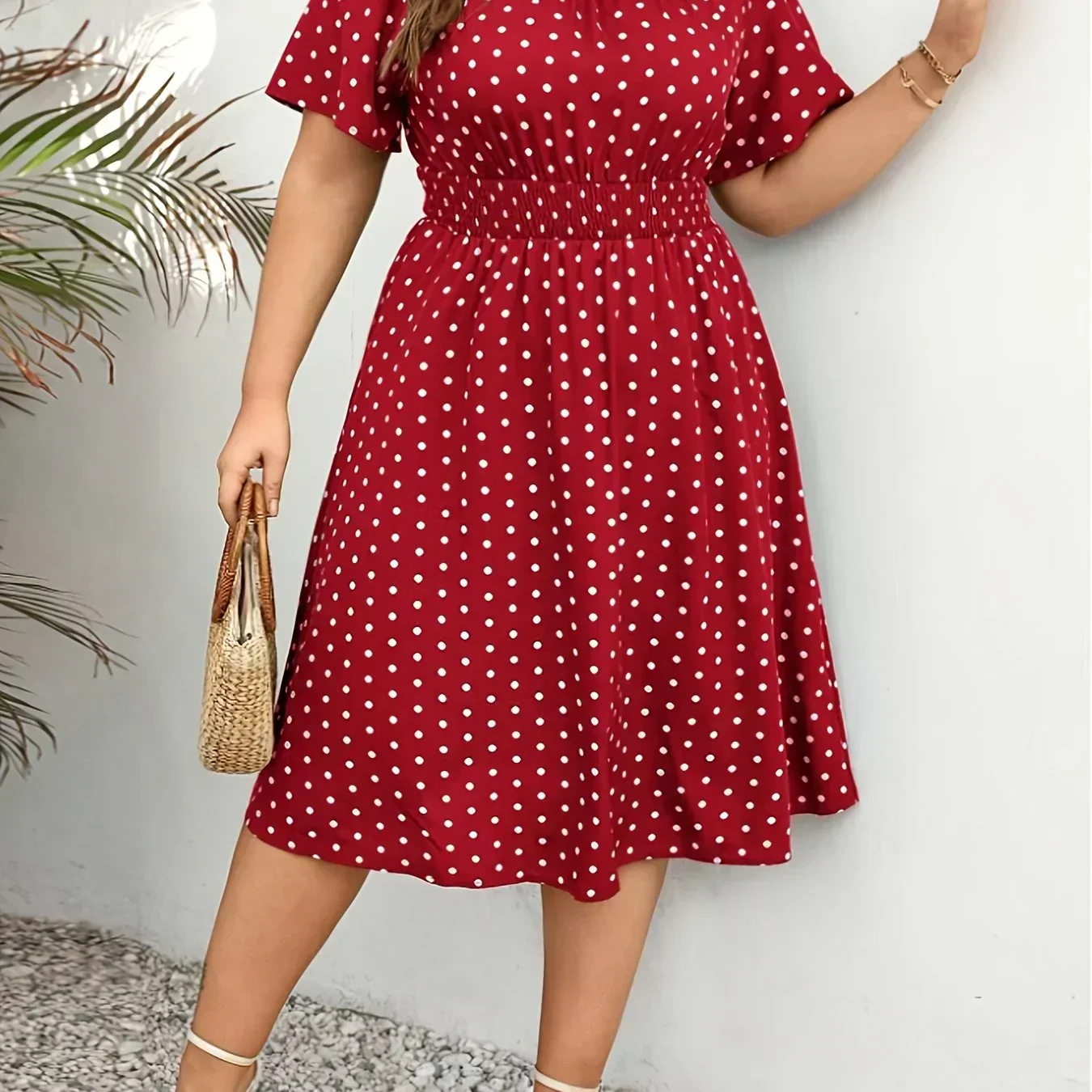 Dames jurk | Groene stippen jurk met elastische taille - Image 14
