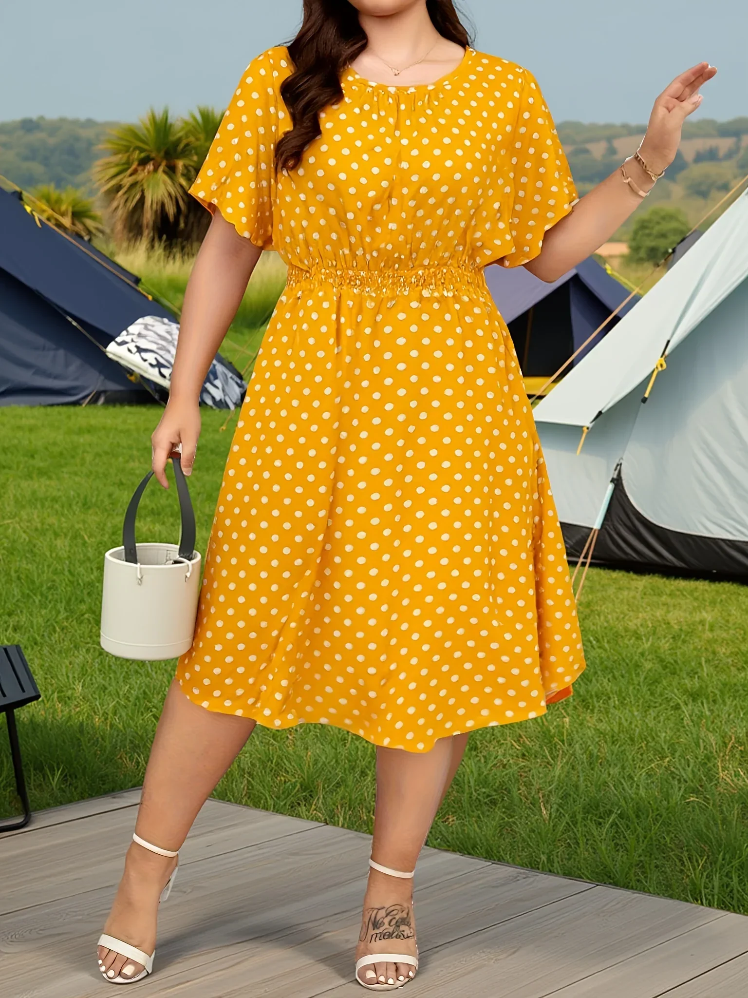 Dames jurk | Groene stippen jurk met elastische taille - Image 3