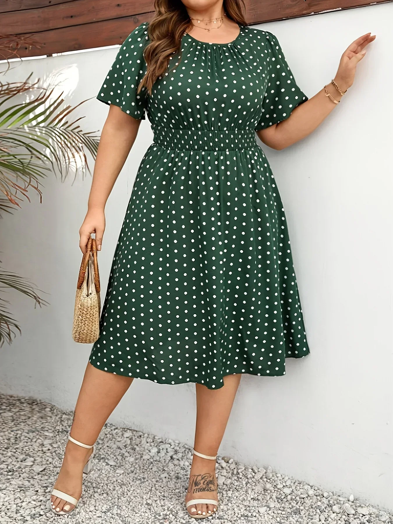 Dames jurk | Groene stippen jurk met elastische taille - Image 4