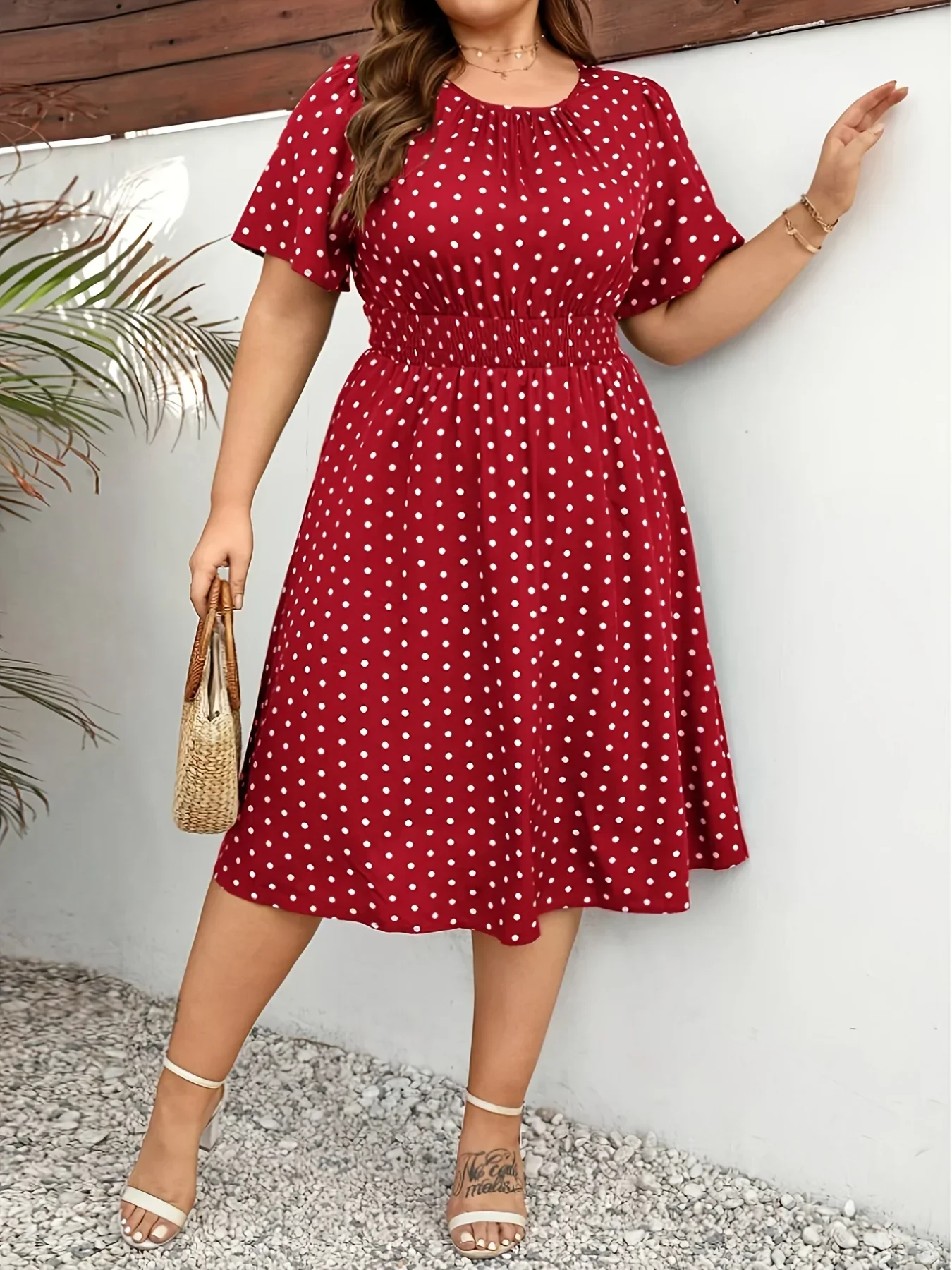 Dames jurk | Groene stippen jurk met elastische taille - Image 5