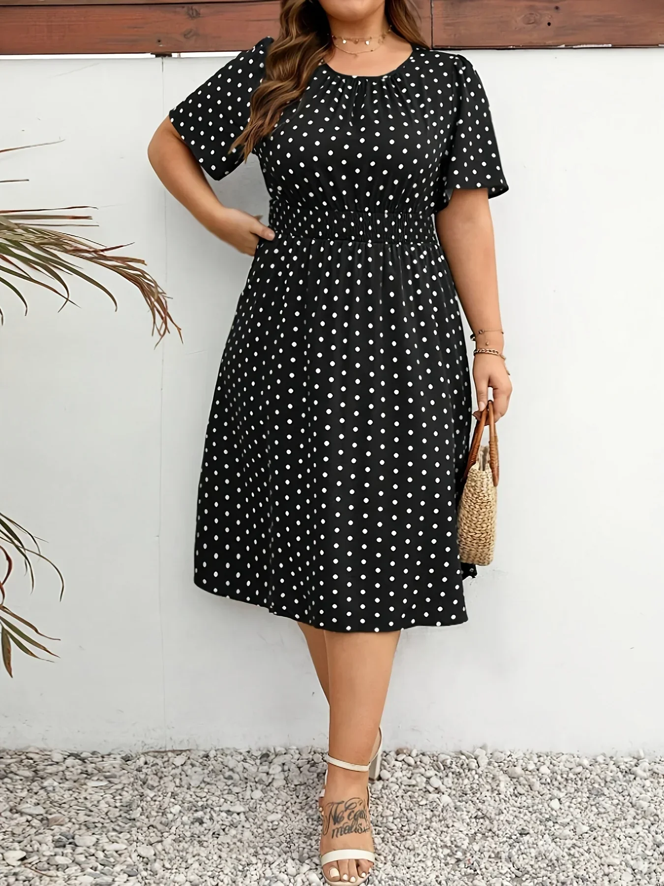 Dames jurk | Groene stippen jurk met elastische taille - Image 6