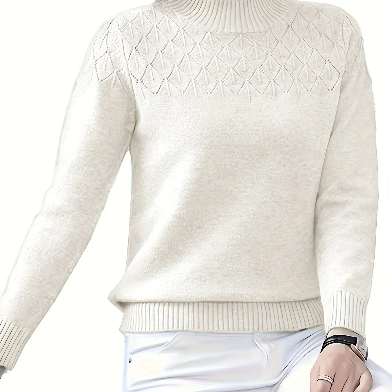 Dames trui | Blauwe viscose sweater met diamantpatroon lange mouw - Image 8