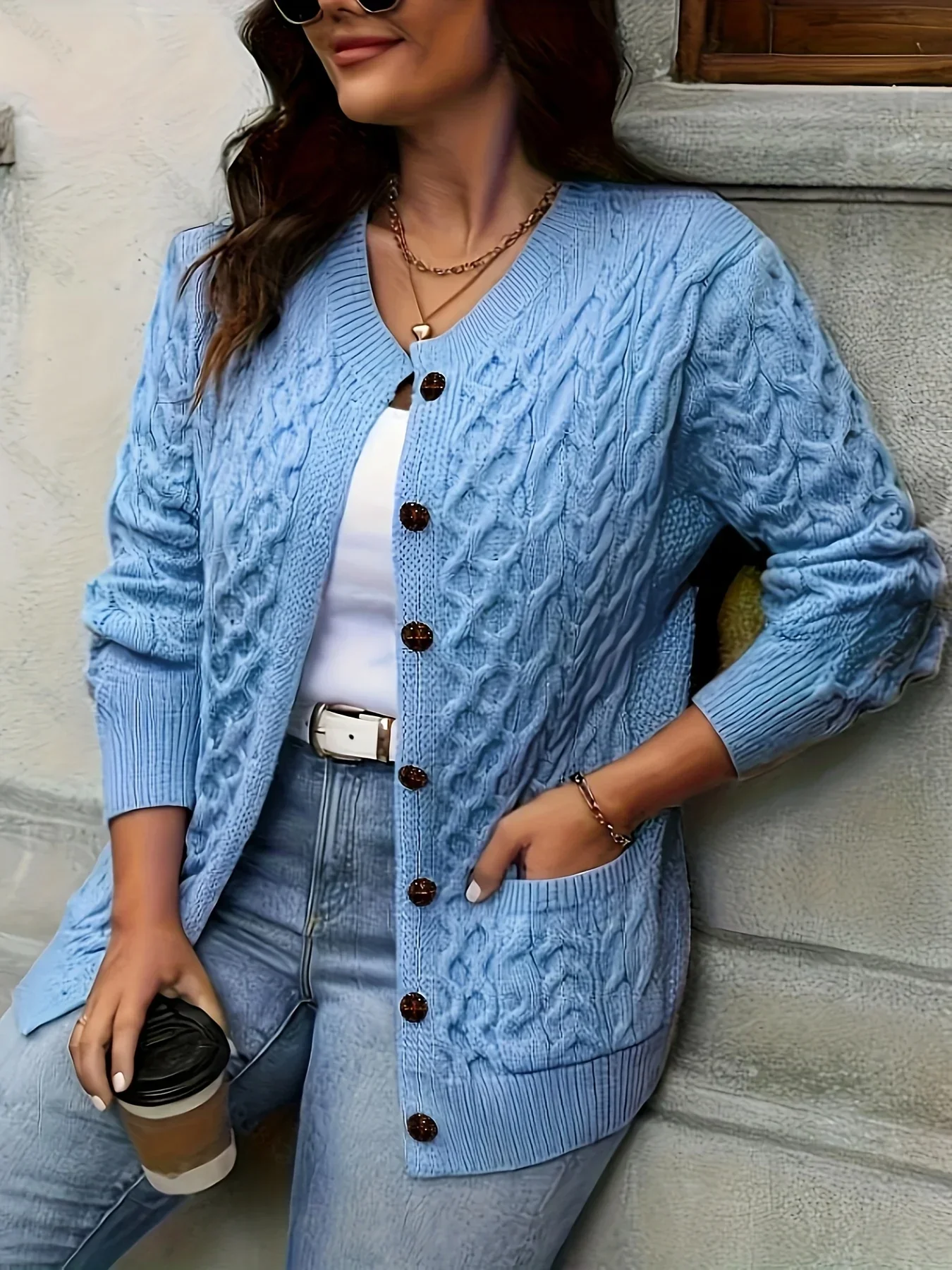 Dames vest | Kabelgebreide trui met knopen en zakken - Image 10