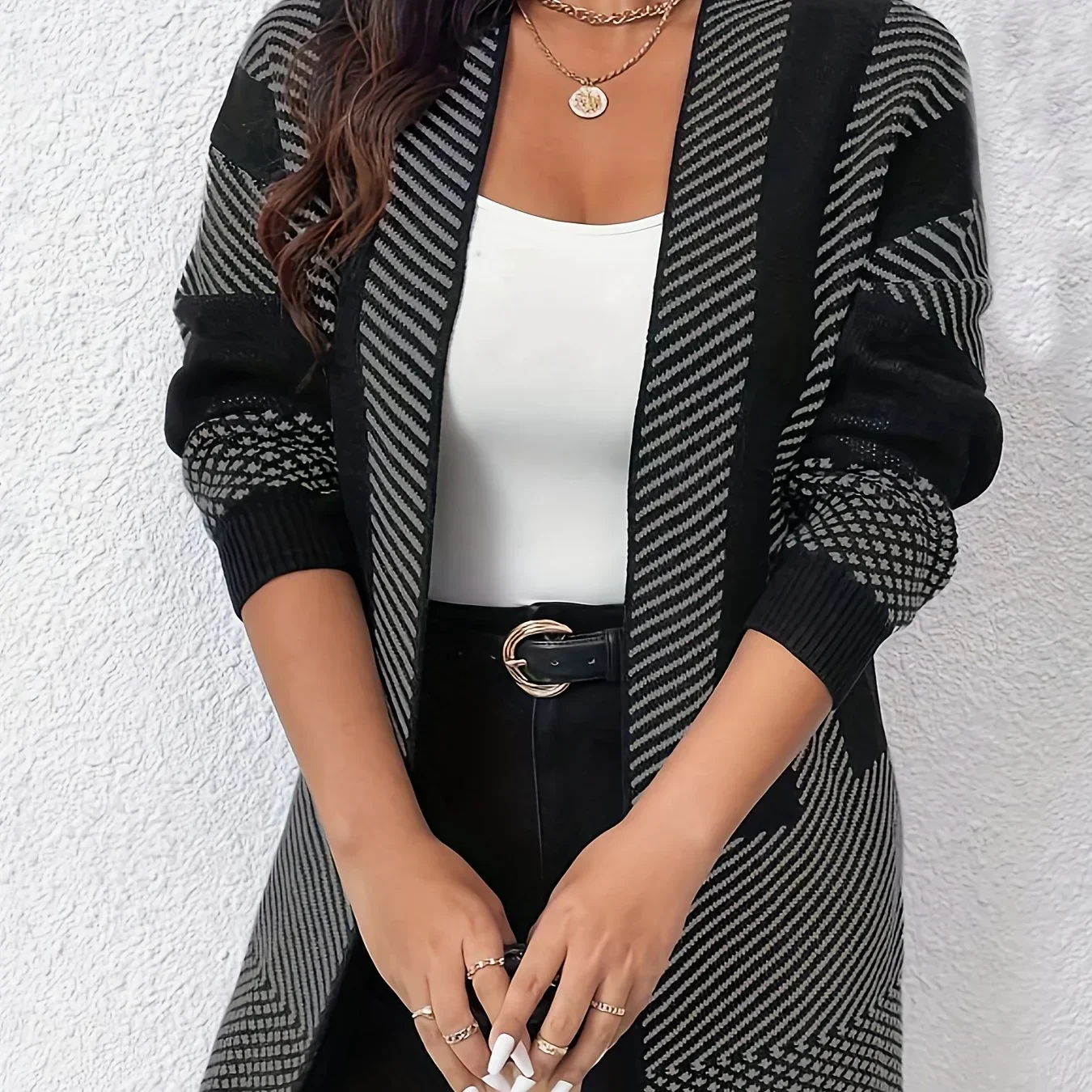 Dames vest | Lang zwart wit gebreide trui openvallend - Image 12