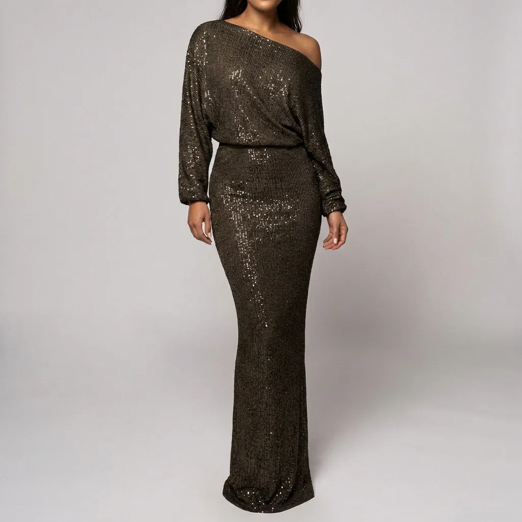 Dames avondjurk | Lange glitterlook jurk met off shoulder hals - Image 2