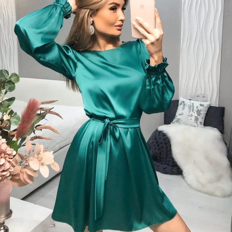Dames feestjurk | Jurk met satijnlook, lange mouw en ceintuur - Image 4