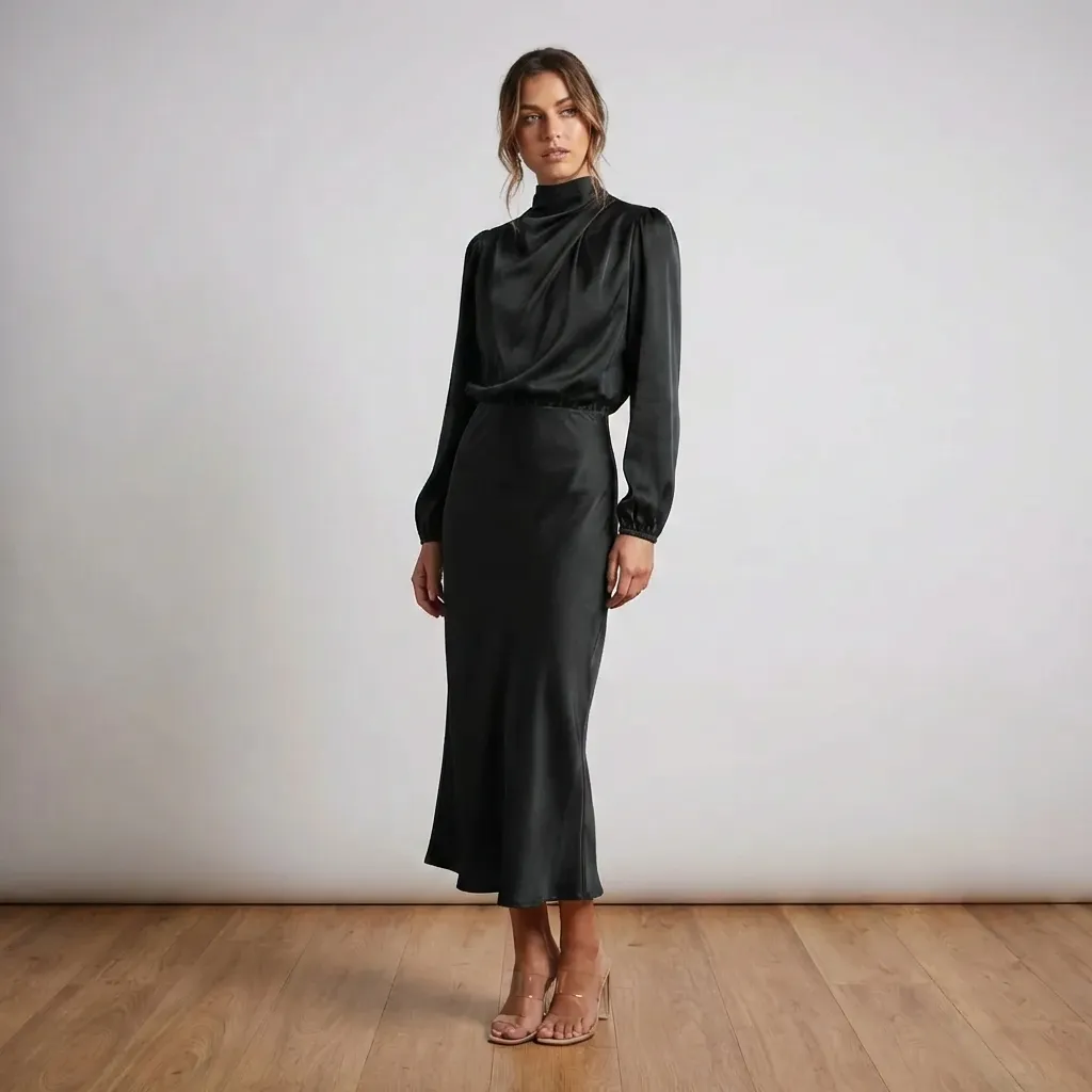 Dames jurk | Lange jurk met satijnlook, hoge hals en lange mouw - Image 10