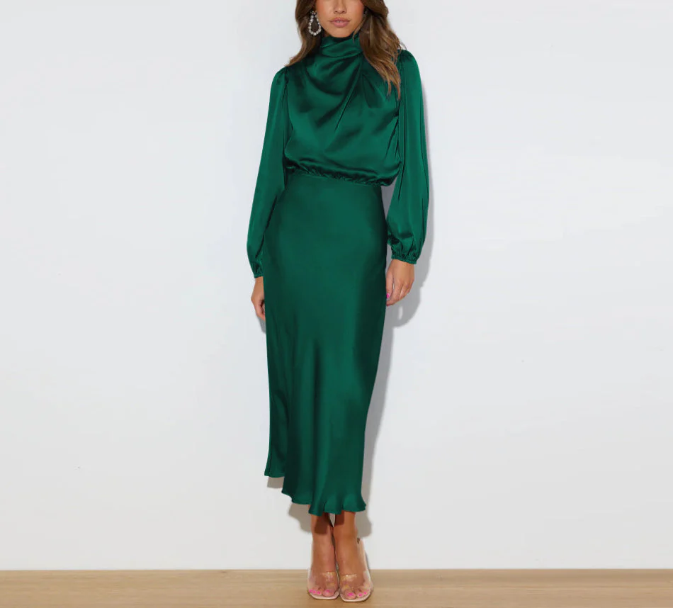 Dames jurk | Lange jurk met satijnlook, hoge hals en lange mouw - Image 4