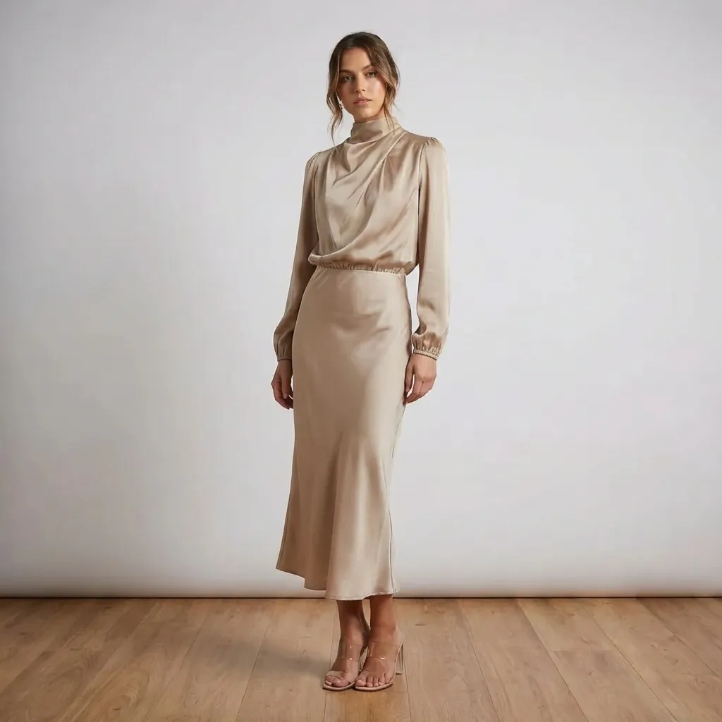 Dames jurk | Lange jurk met satijnlook, hoge hals en lange mouw - Image 6