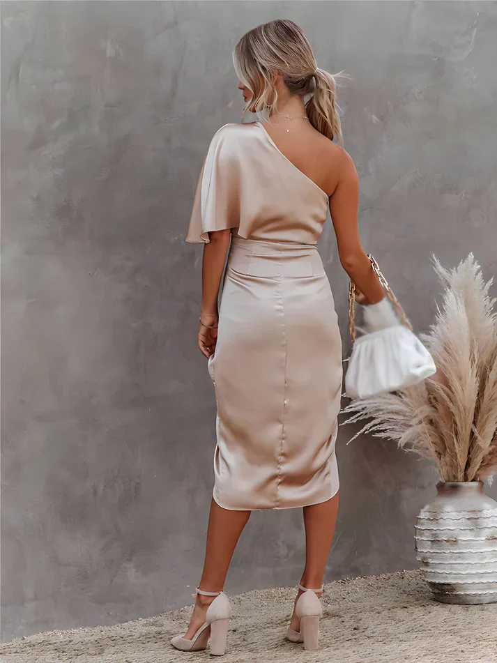 Dames avondjurk | One shoulder jurk met zijde-look en split - Image 13