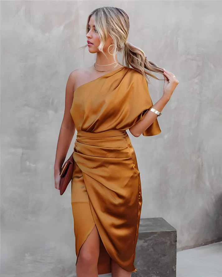 Dames avondjurk | One shoulder jurk met zijde-look en split - Image 15