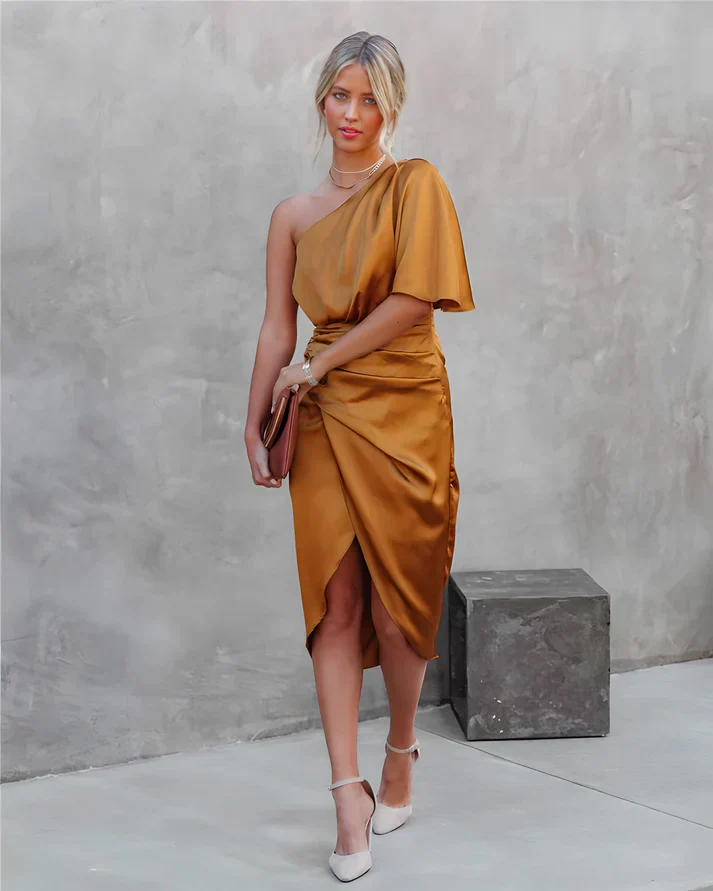 Dames avondjurk | One shoulder jurk met zijde-look en split - Image 16