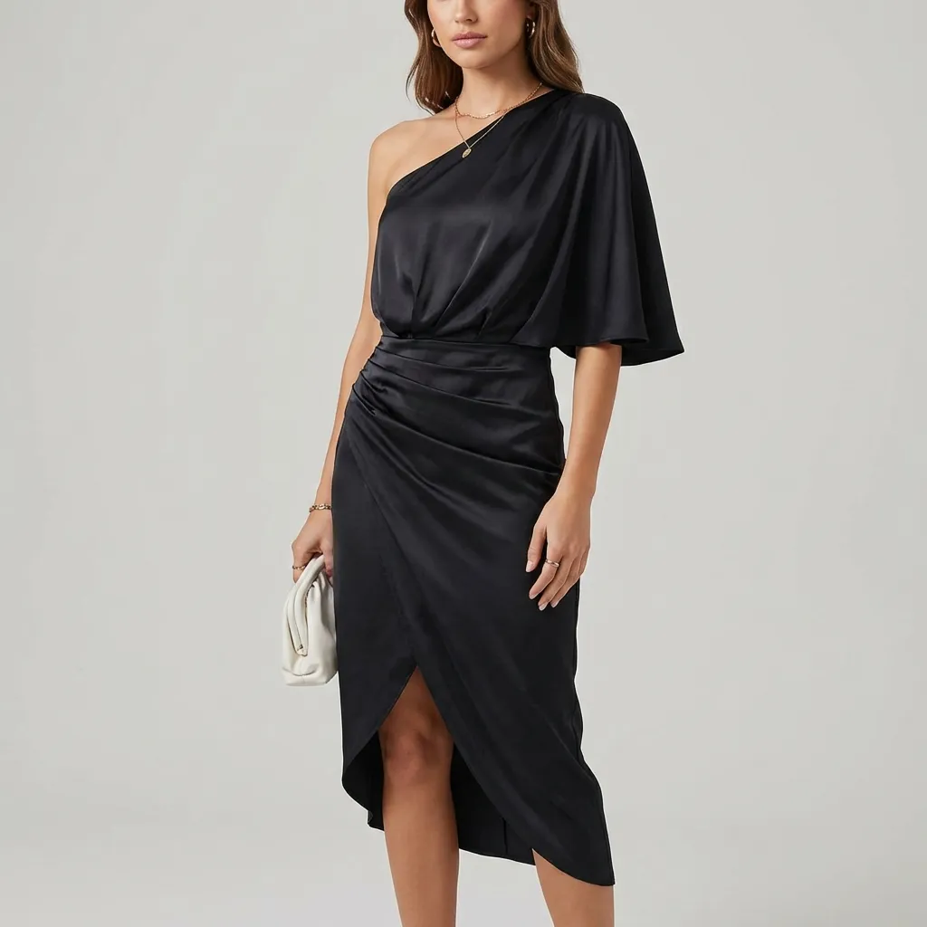 Dames avondjurk | One shoulder jurk met zijde-look en split - Image 2