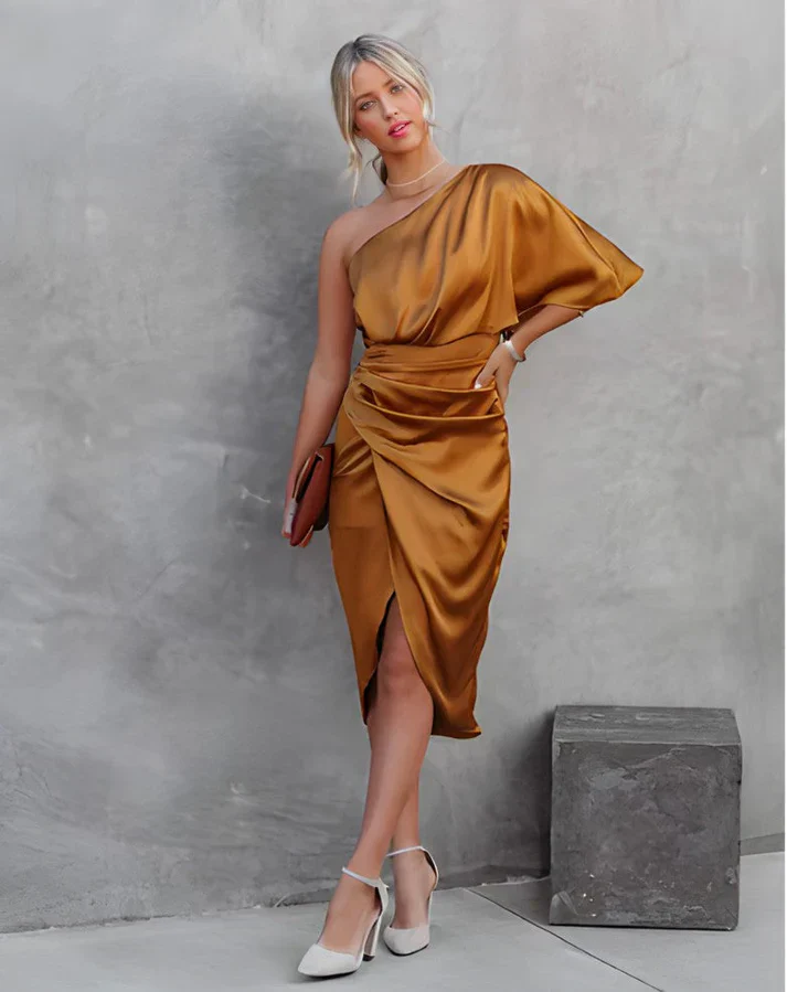 Dames avondjurk | One shoulder jurk met zijde-look en split - Image 22