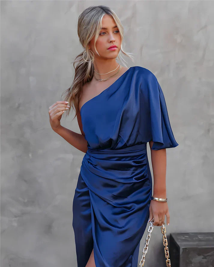 Dames avondjurk | One shoulder jurk met zijde-look en split - Image 5