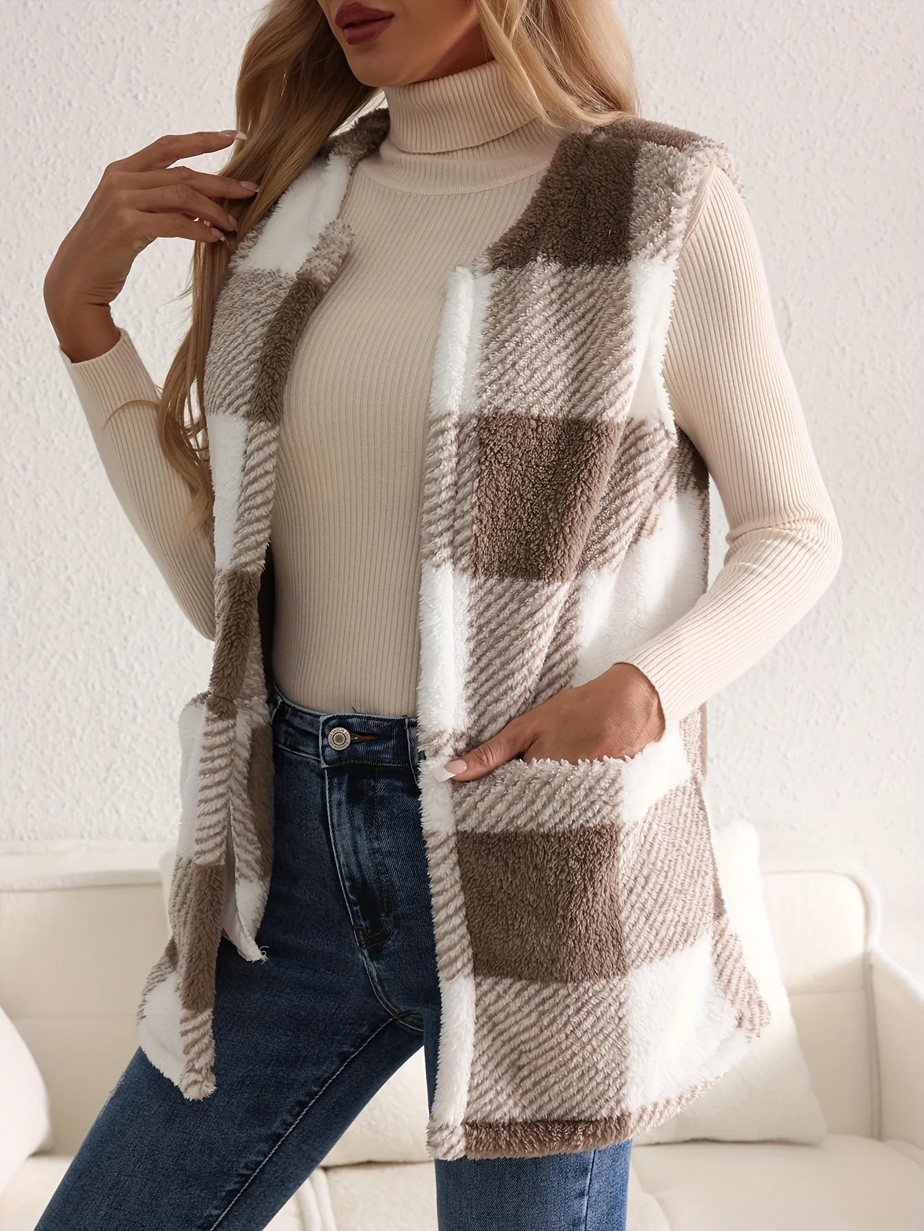 Geruit fleece vest met knopen en zakken - Image 3