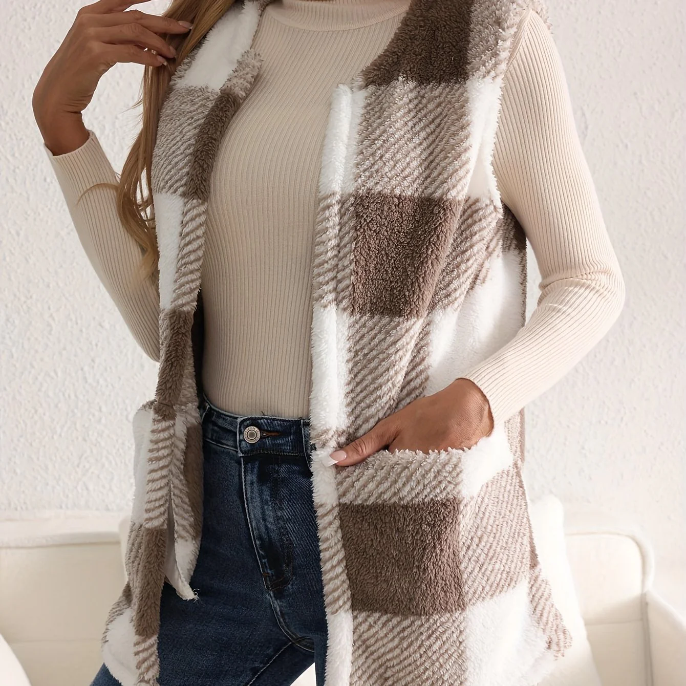 Geruit fleece vest met knopen en zakken - Image 4