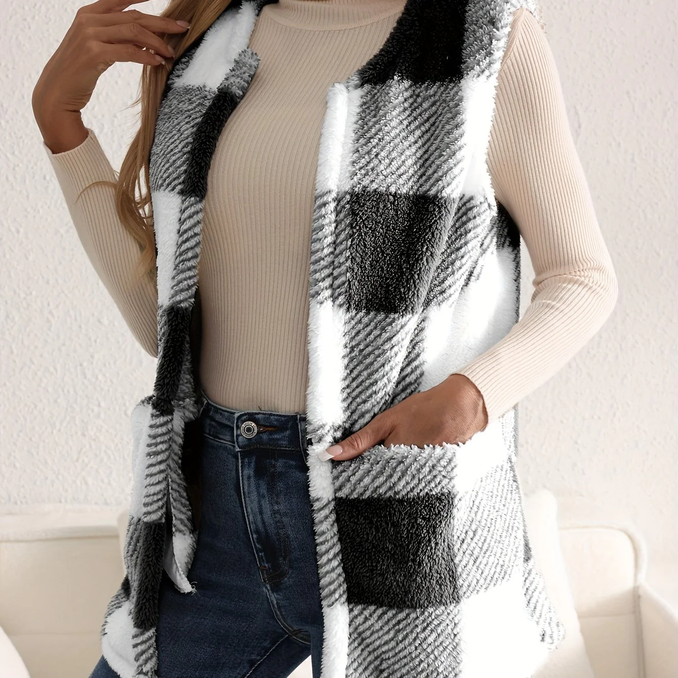 Geruit fleece vest met knopen en zakken - Image 5