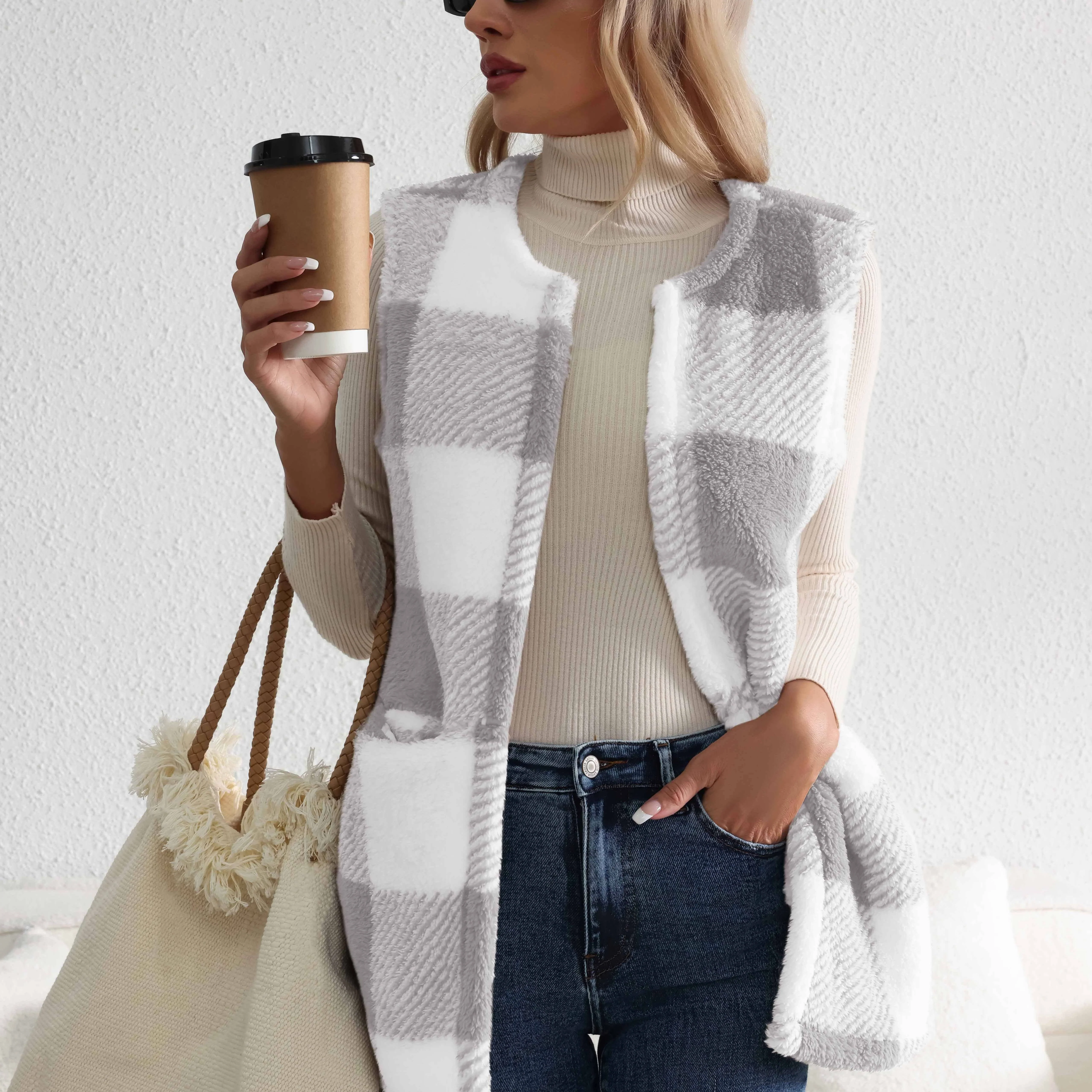 Geruit fleece vest met knopen en zakken - Image 6