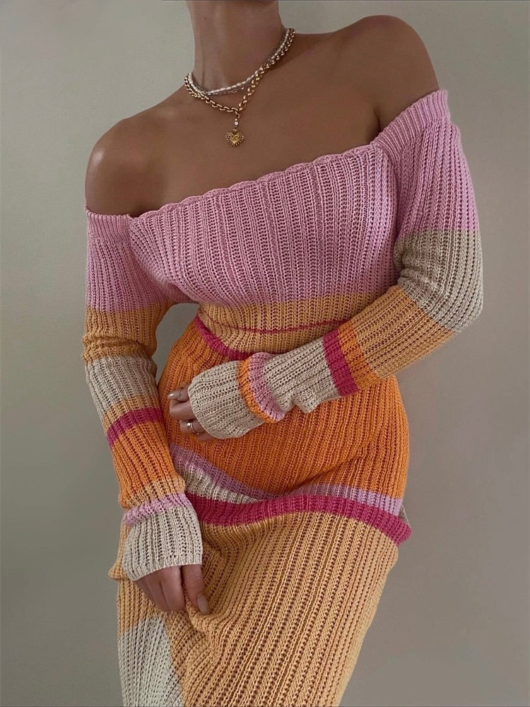 Dames maxi jurk | Gebreide jurk met strepen en off shoulder hals - Image 5