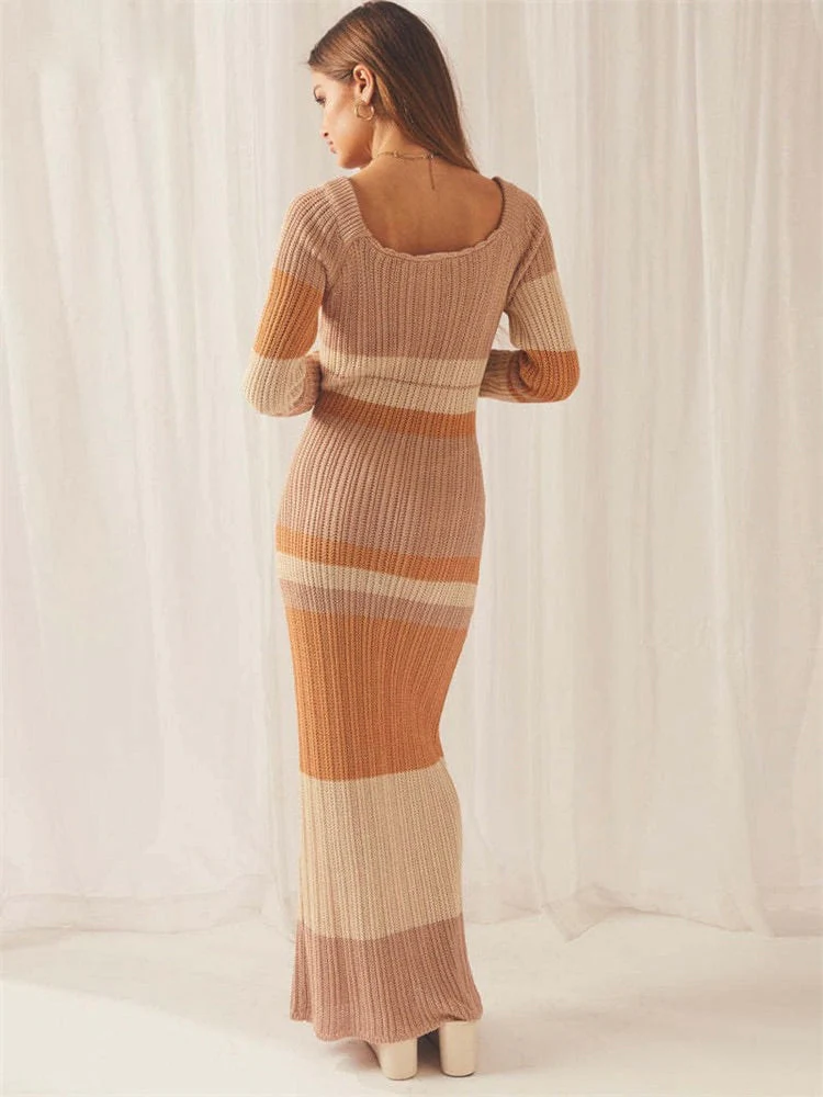 Dames maxi jurk | Gebreide jurk met strepen en off shoulder hals - Image 7