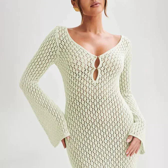 Maxi jurk dames | Gehaakte zomerjurk met lange mouw en v-hals - Image 10