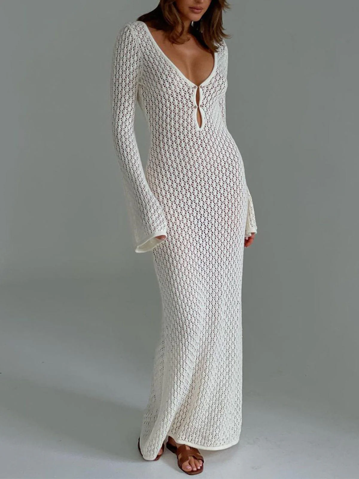 Maxi jurk dames | Gehaakte zomerjurk met lange mouw en v-hals - Image 6