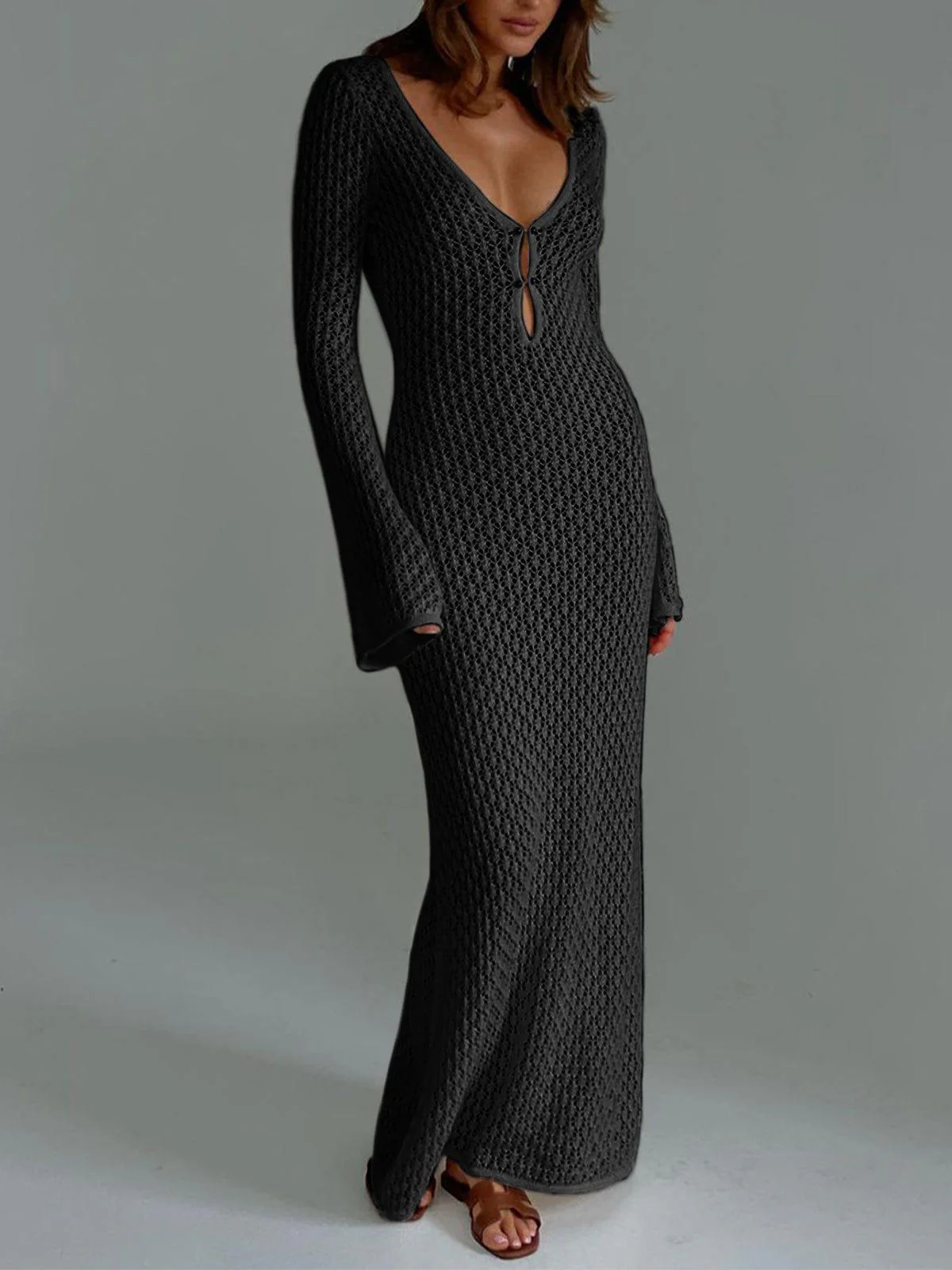 Maxi jurk dames | Gehaakte zomerjurk met lange mouw en v-hals - Image 7