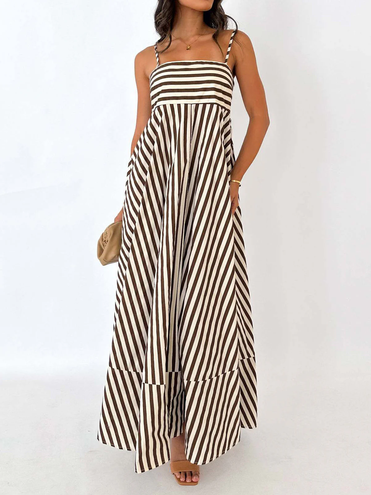 Maxi jurk dames | Gestreepte zomerjurk met bandjes en plissé rok - Image 4