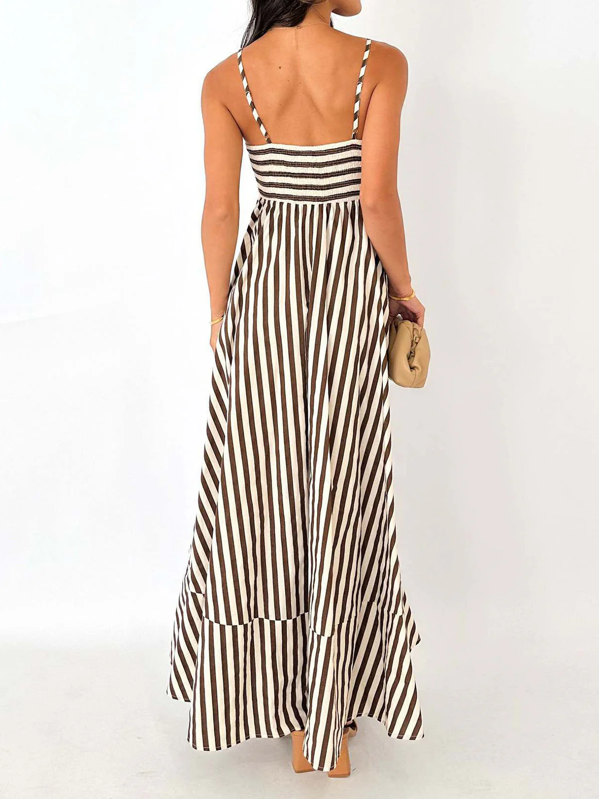 Maxi jurk dames | Gestreepte zomerjurk met bandjes en plissé rok - Image 5