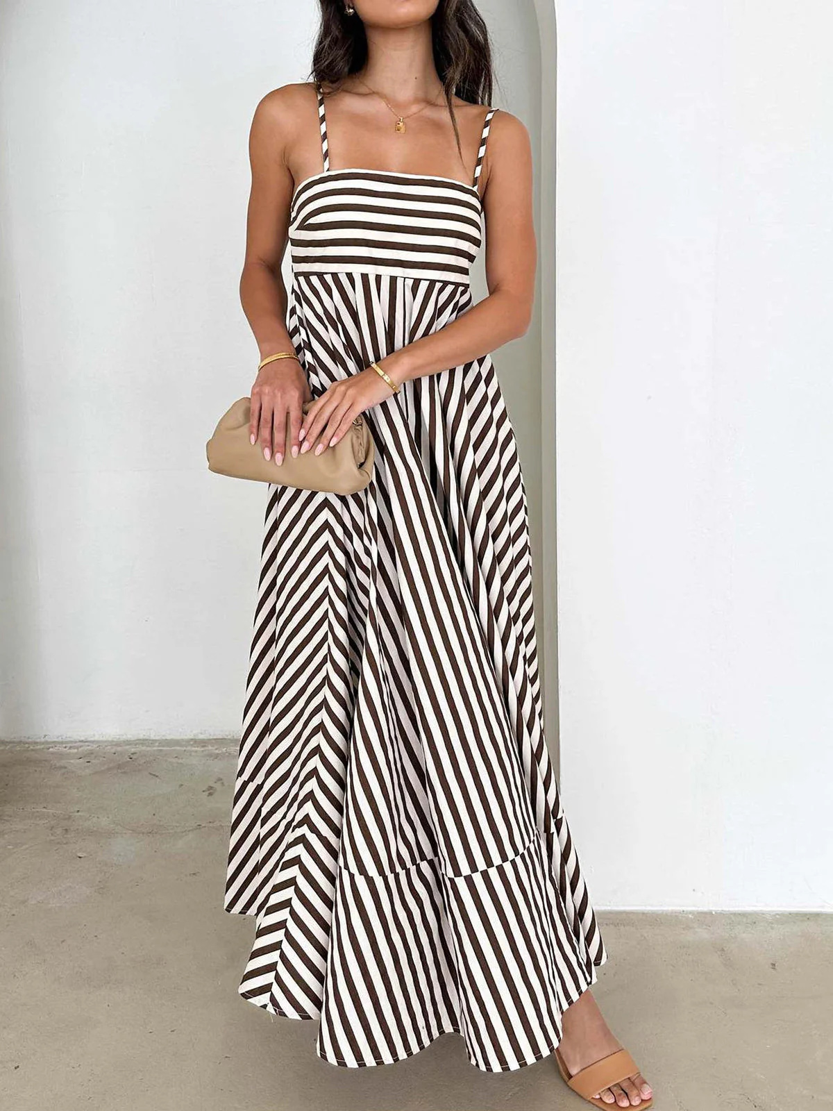 Maxi jurk dames | Gestreepte zomerjurk met bandjes en plissé rok - Image 6
