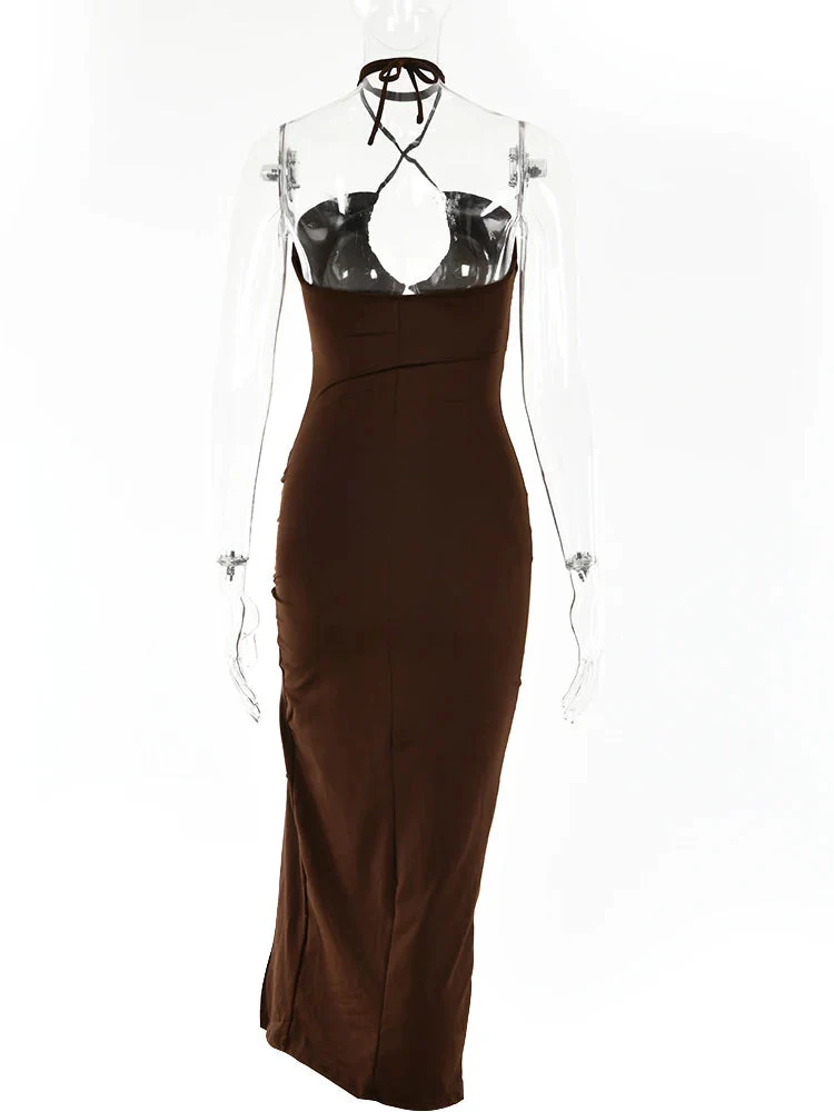 Maxi jurk dames | Zomerjurk met cut-out, halter hals en split - Image 11