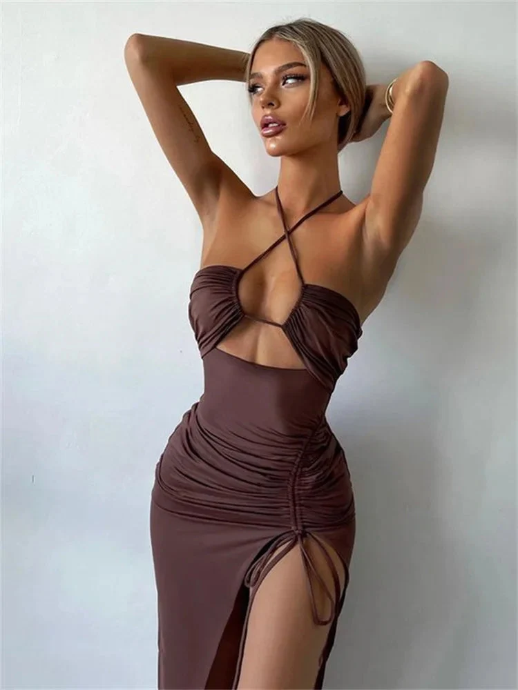 Maxi jurk dames | Zomerjurk met cut-out, halter hals en split - Image 17