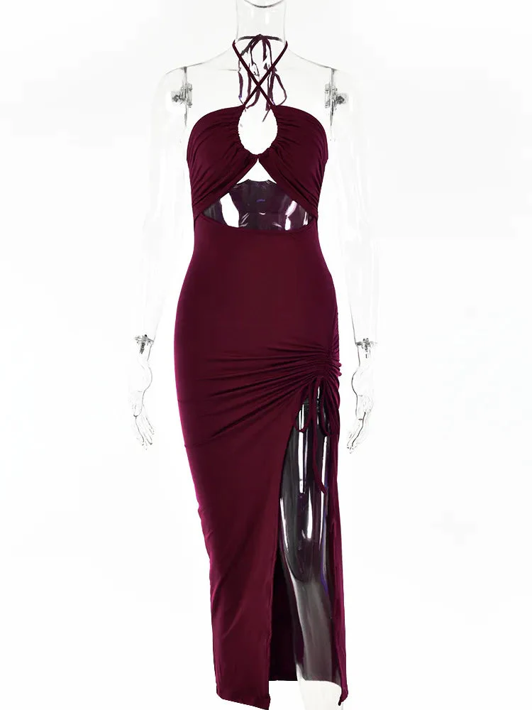 Maxi jurk dames | Zomerjurk met cut-out, halter hals en split - Image 5