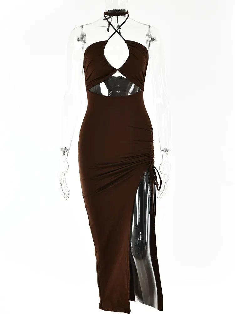 Maxi jurk dames | Zomerjurk met cut-out, halter hals en split - Image 9