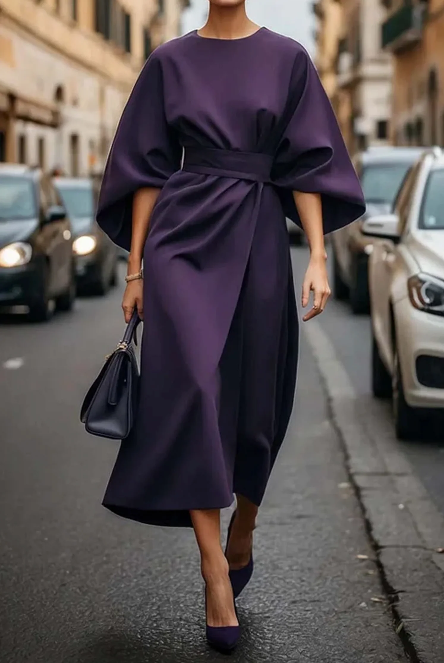 Midi jurk dames | Elegante jurk met lantaarnmouwen en ceintuur - Image 11