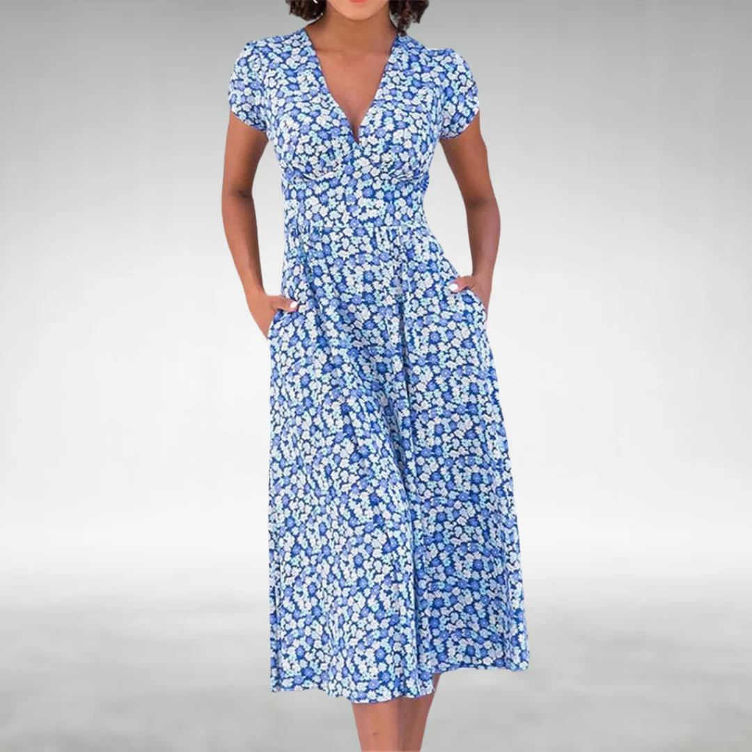 Midi jurk dames | Jurk met v-hals, korte mouw en zakken - Image 4