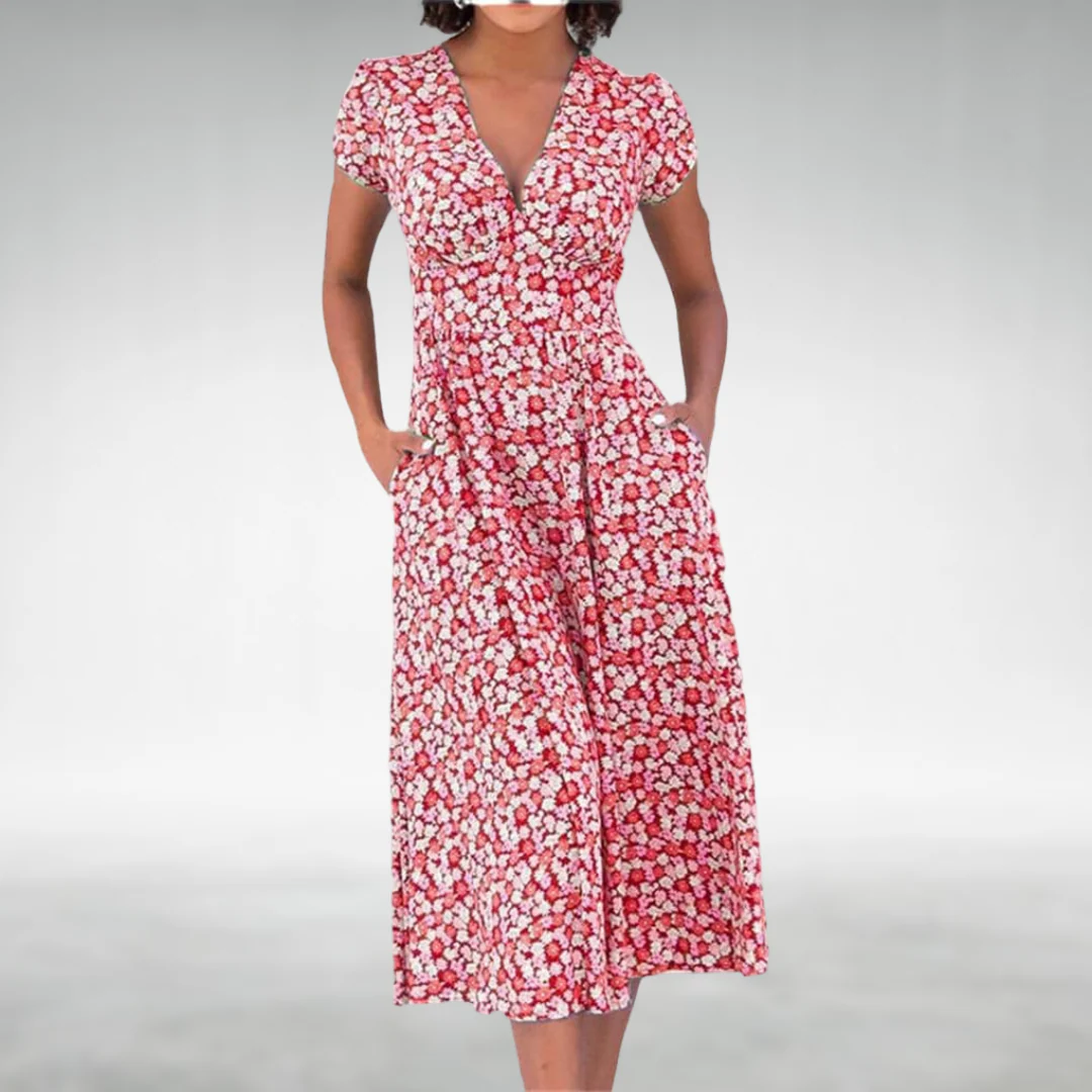 Midi jurk dames | Jurk met v-hals, korte mouw en zakken - Image 5