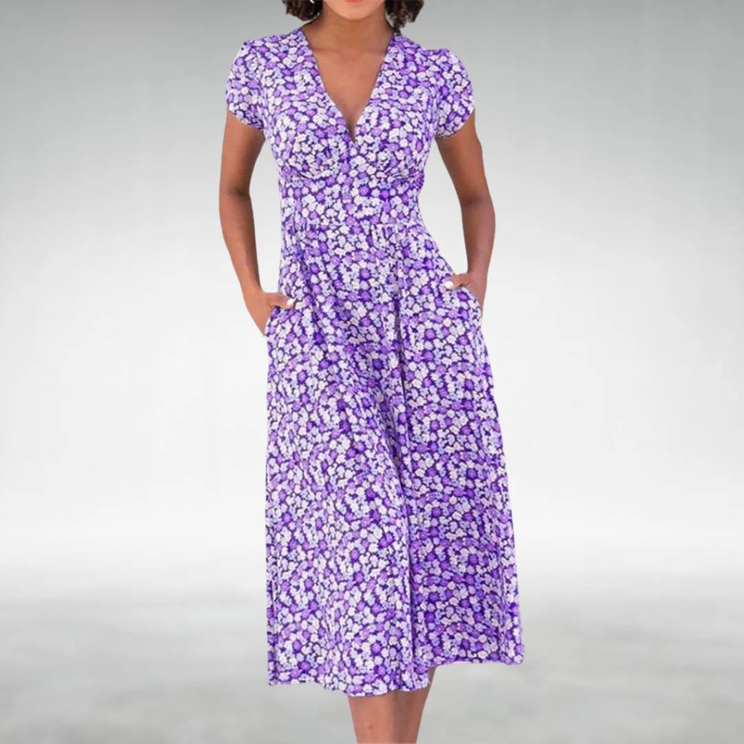 Midi jurk dames | Jurk met v-hals, korte mouw en zakken - Image 6