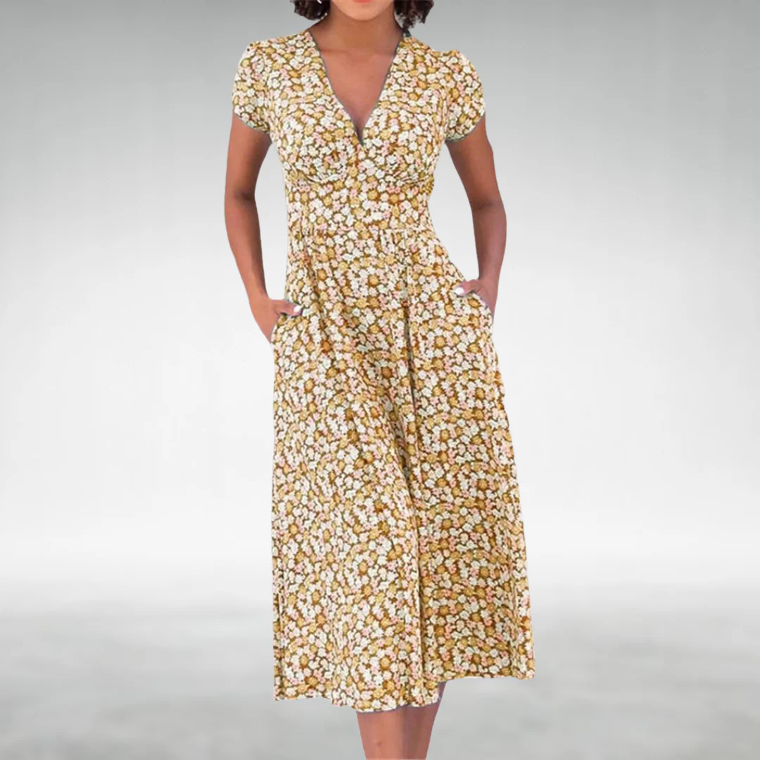 Midi jurk dames | Jurk met v-hals, korte mouw en zakken - Image 7