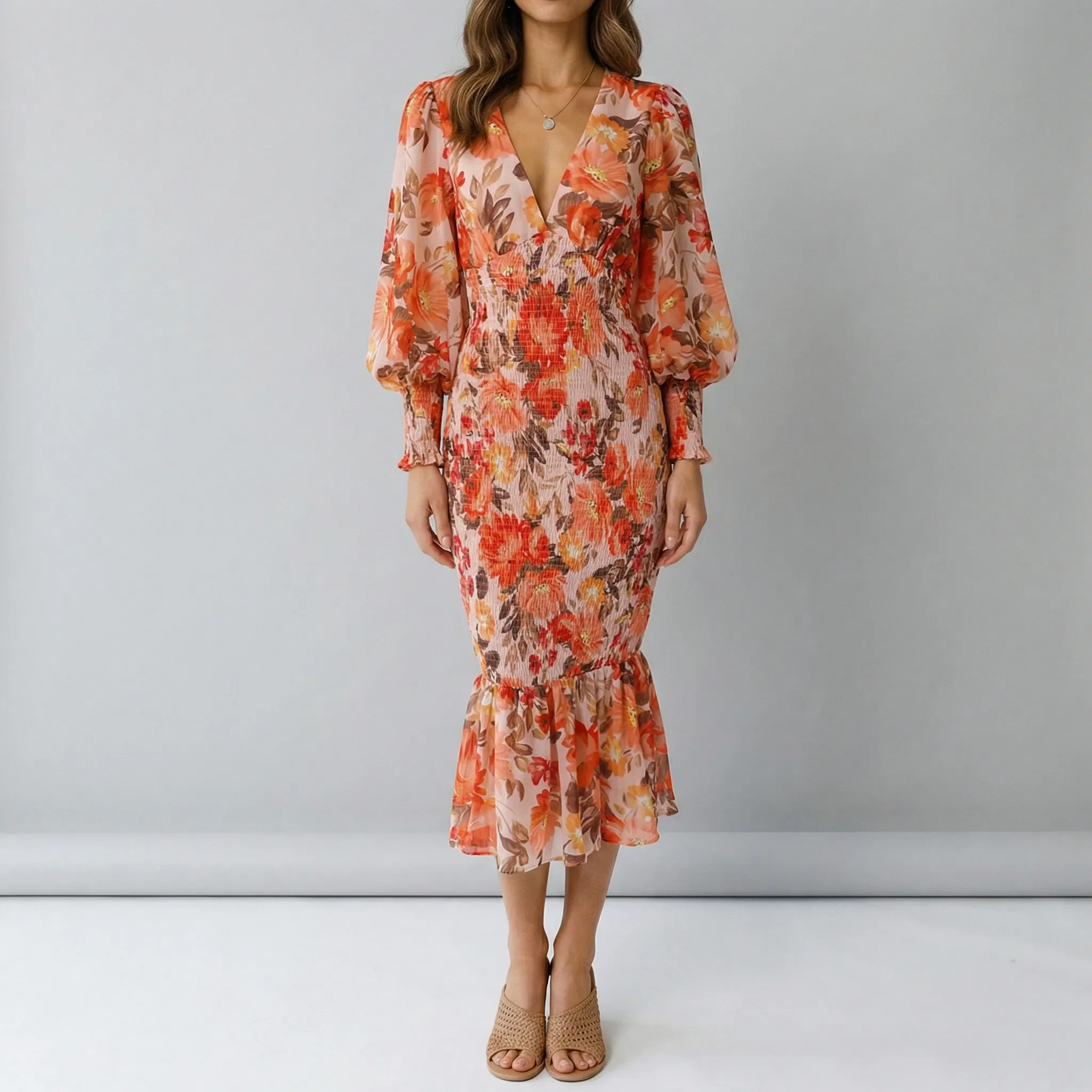 Midi jurk dames | Smock jurk met bloemenprint en lange mouw - Image 2
