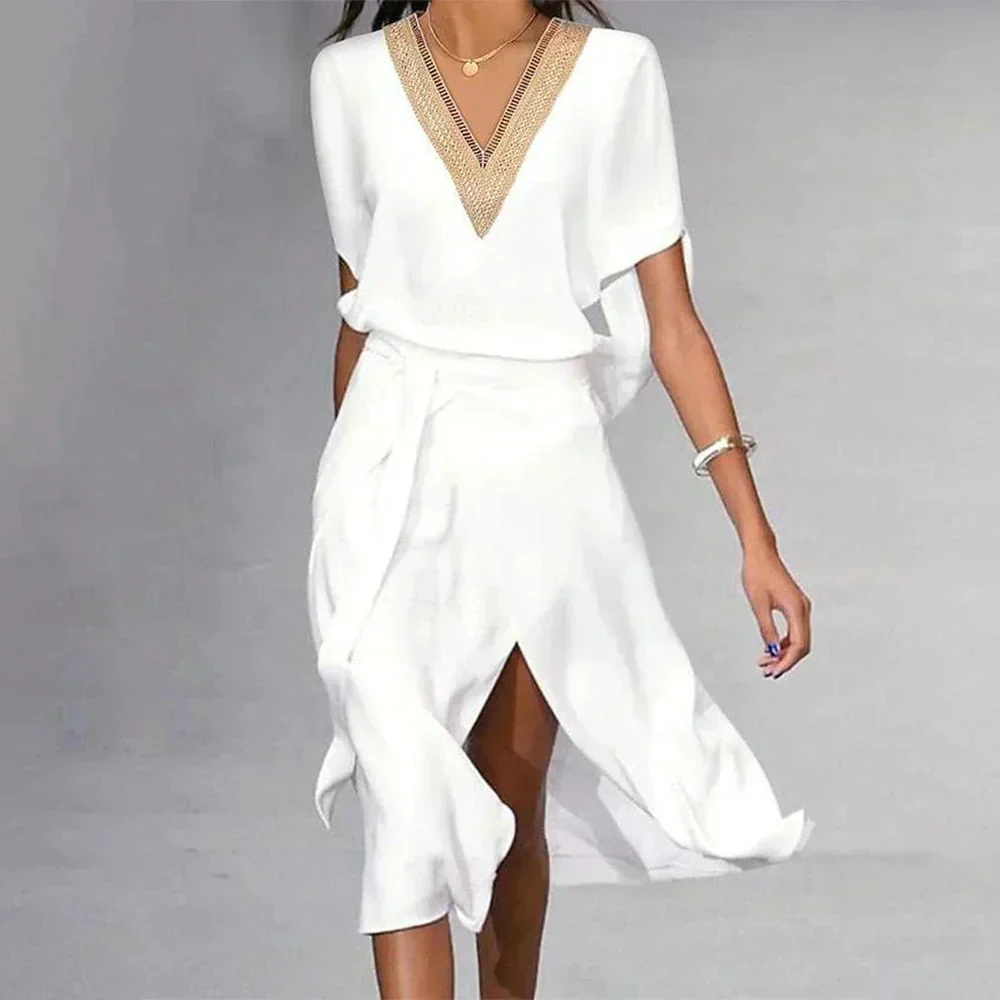 Midi jurk dames | V-hals overslag jurk met elegante split - Image 4