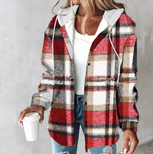 Oversized geruite jas voor dames met capuchon en knoopsluiting - Image 11