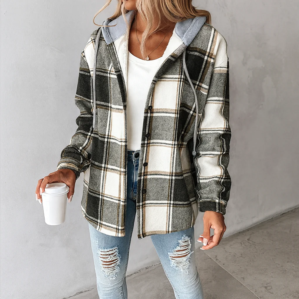 Oversized geruite jas voor dames met capuchon en knoopsluiting - Image 13