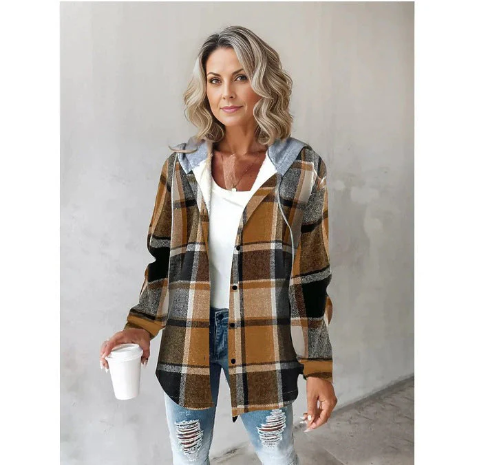 Oversized geruite jas voor dames met capuchon en knoopsluiting - Image 2